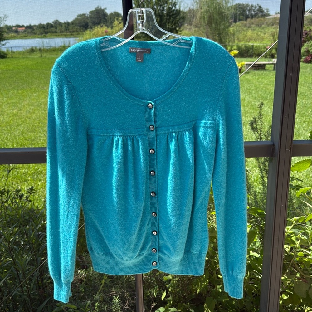 Cashmere aqua blue button up cartigan sweater size medium